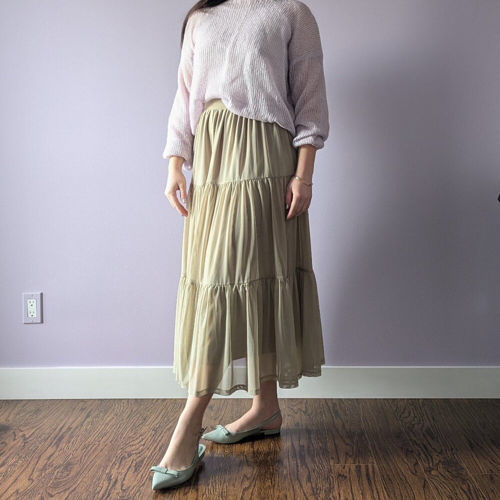Tiered Sage Green Mesh Skirt, Size S